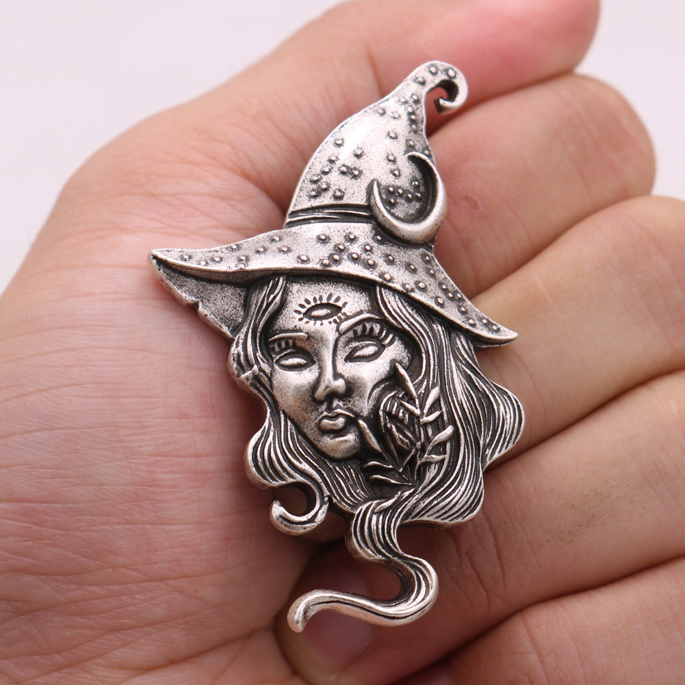 Wholesale Vintage long-haired witch necklace sun and moon witch pendant